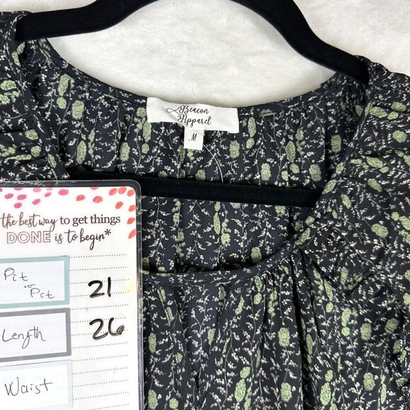 Beacon Apparel Womens Boho Floral Blouse Black Green 3/4 Balloon Sleeve Top M - Picture 7 of 8